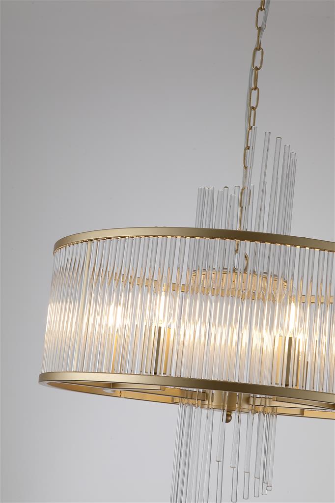 Lara Ø55 Or brossé cristal De Searchlight - Sa structure ronde en métal doré brossé est ornée de tiges de verre transparent qui captent et reflètent la lumière comme des prismes, créant une ambiance douce et feutrée.
