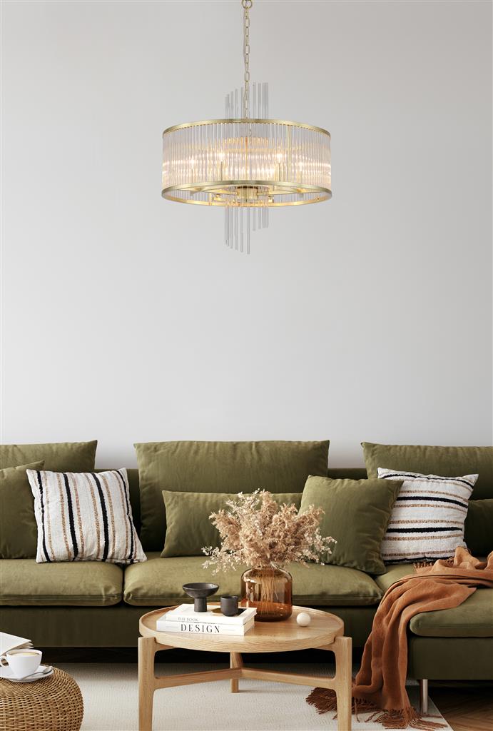 Lara Ø55 Or brossé cristal De Searchlight - Sa structure ronde en métal doré brossé est ornée de tiges de verre transparent qui captent et reflètent la lumière comme des prismes, créant une ambiance douce et feutrée.