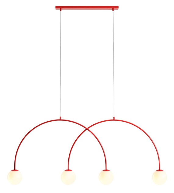 Una 150cm ROUGE suspension De Artera - L'association du métal rouge et des abat-jour en verre blanc crée un contraste harmonieux et apporte une touche d'élégance moderne à n'importe quelle pièce.