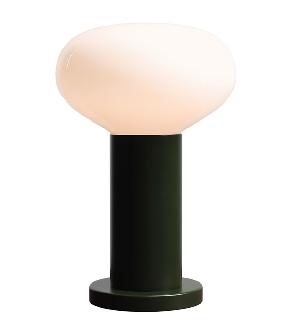 Flo 30cm Vert foncé lampe de table De Artera - Elle est dotée d'un élégant cadre vert foncé et d'un abat-jour rond en verre blanc qui diffuse une lumière douce et agréable.