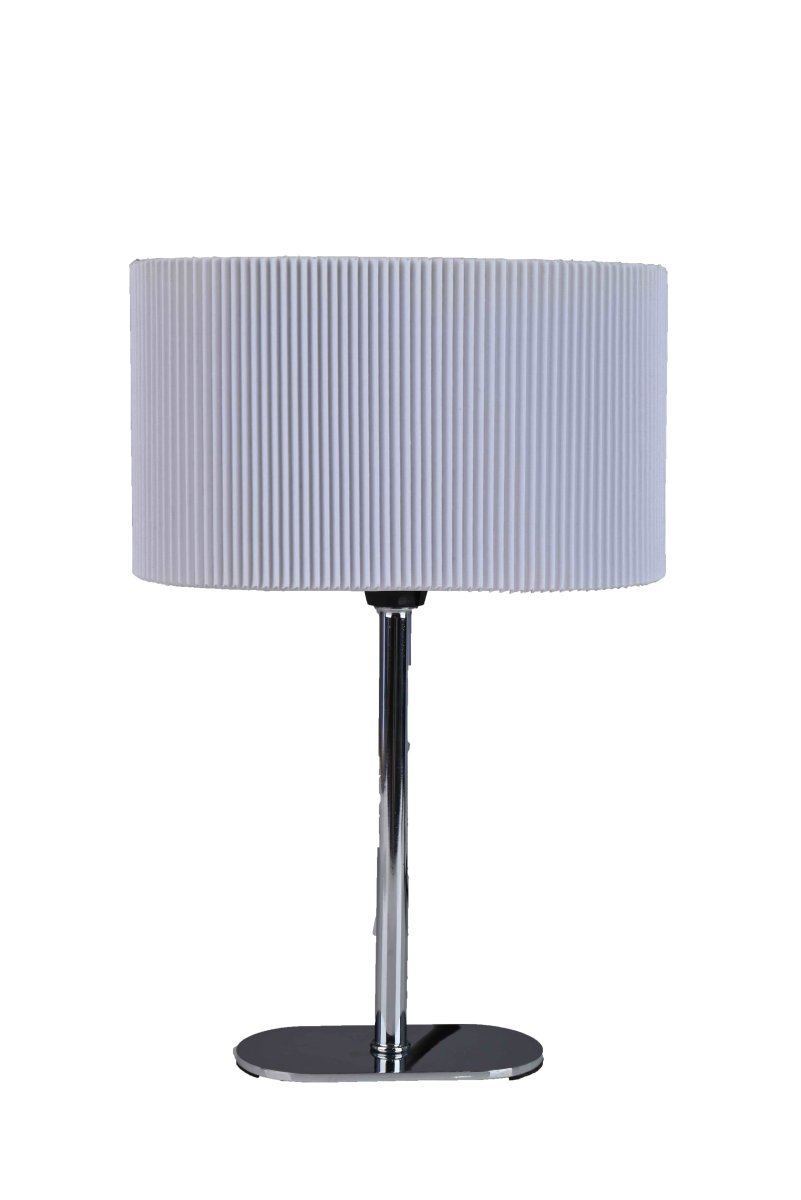 Ove 28cm Chrome lampe de table De Pixie Design - La lampe de table Ove impressionne par son design &eacute;l&eacute;gant en combinaison de chrome et de tissu c&ocirc;tel&eacute;.