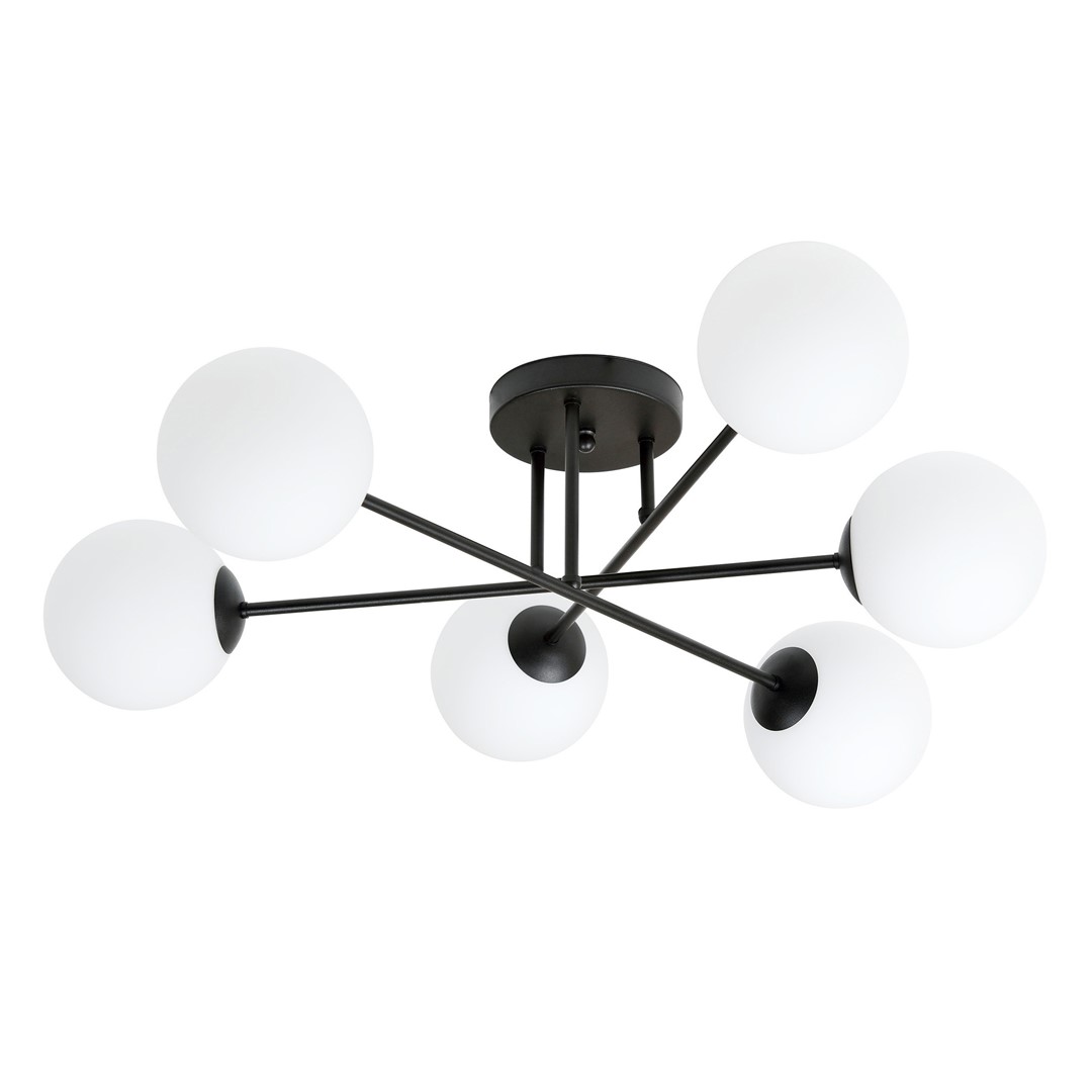Roma Ø75 plafonnier De Emibig Lighting - Sa structure en métal noir s'harmonise à merveille avec les abat-jour en verre blanc, qui diffusent une lumière douce et agréable.