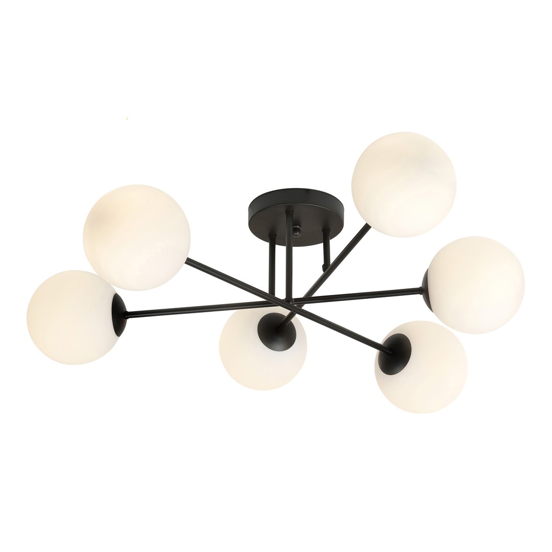 Roma Ø75 plafonnier De Emibig Lighting - Sa structure en métal noir s'harmonise à merveille avec les abat-jour en verre blanc, qui diffusent une lumière douce et agréable.