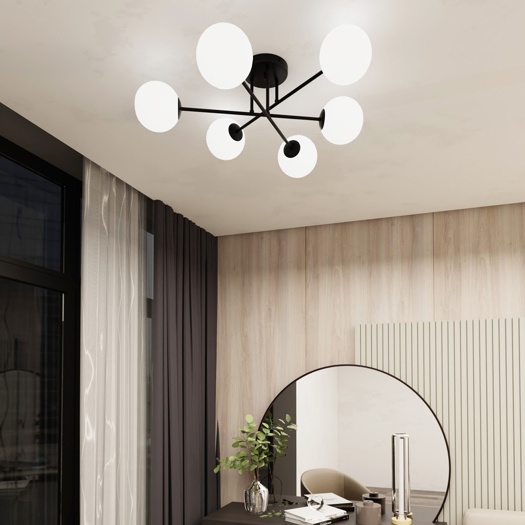 Roma Ø75 plafonnier De Emibig Lighting - Sa structure en métal noir s'harmonise à merveille avec les abat-jour en verre blanc, qui diffusent une lumière douce et agréable.
