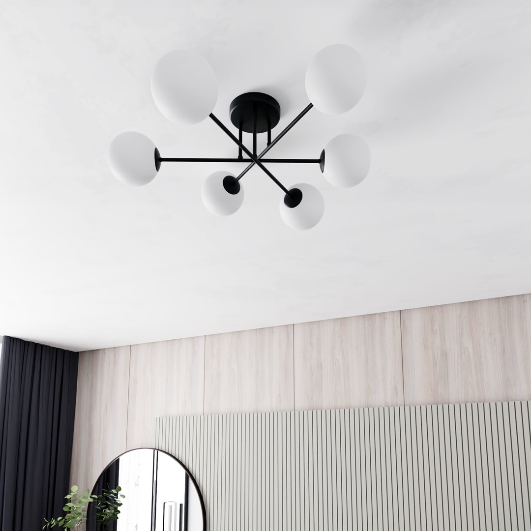 Roma Ø75 plafonnier De Emibig Lighting - Sa structure en métal noir s'harmonise à merveille avec les abat-jour en verre blanc, qui diffusent une lumière douce et agréable.