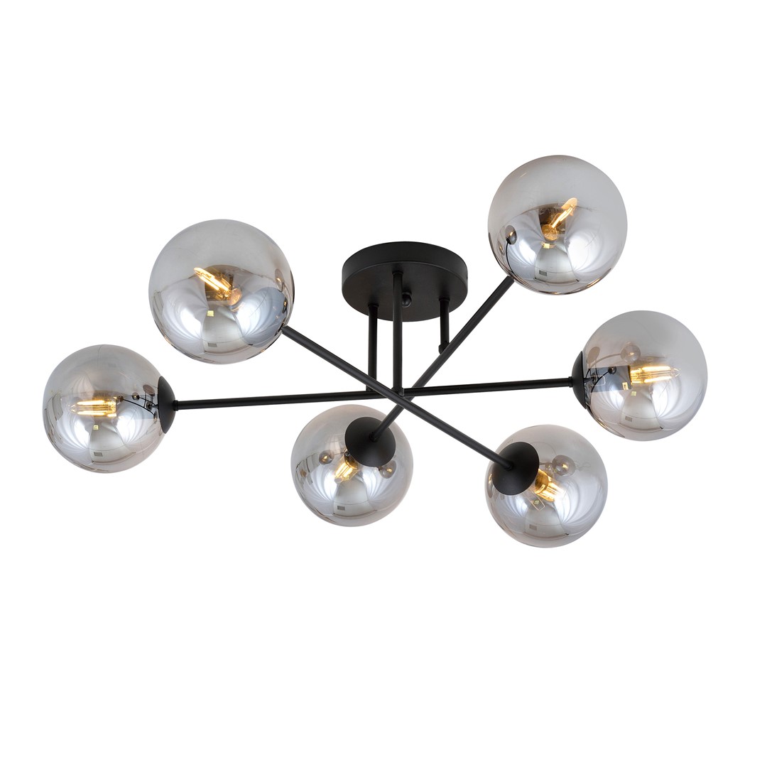 Roma Ø75 Couleur fumée plafonnier De Emibig Lighting - Sa structure en métal noir s'harmonise à merveille avec les abat-jour en verre fumé, qui diffusent une lumière douce et agréable.