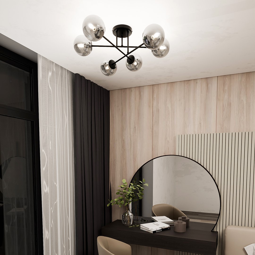 Roma Ø75 Couleur fumée plafonnier De Emibig Lighting - Sa structure en métal noir s'harmonise à merveille avec les abat-jour en verre fumé, qui diffusent une lumière douce et agréable.
