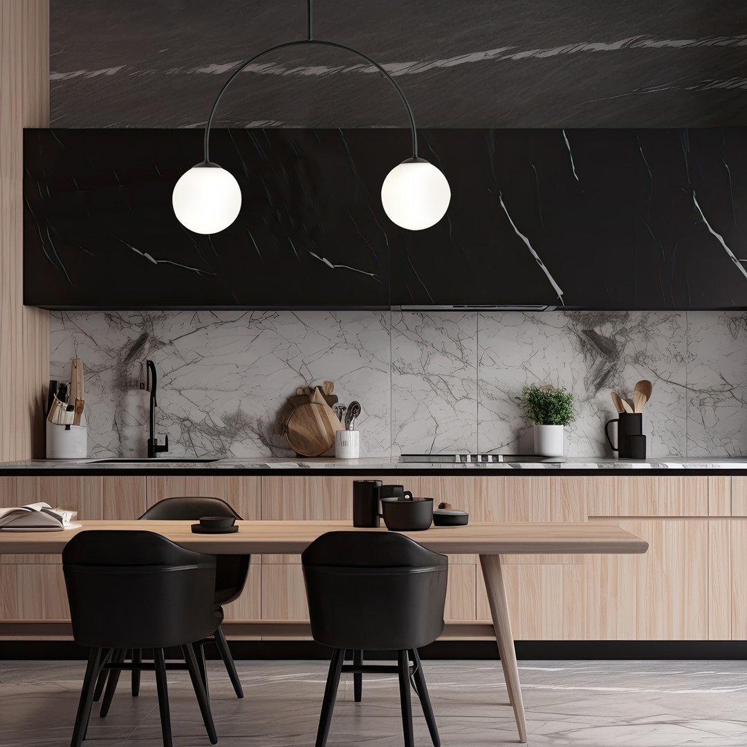 Archi 50cm Noir plafonnier De Emibig Lighting - Il est fabriqu&eacute; en acier noir et peut &ecirc;tre combin&eacute; de mani&egrave;re transparente avec un abat-jour sph&eacute;rique en verre opale.