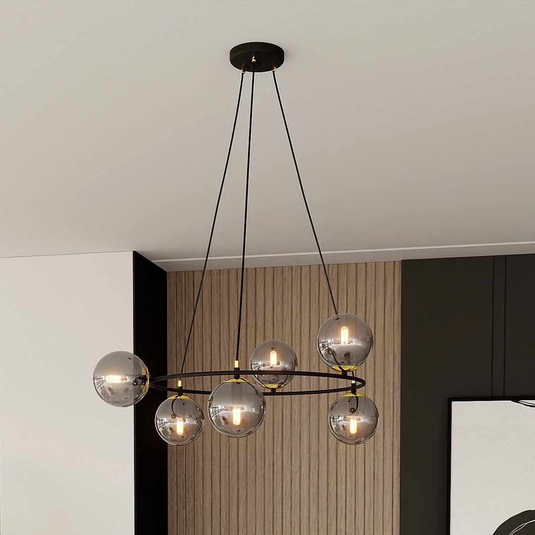 Azura Ø75 Couleur fumée suspension De Emibig Lighting - La suspension Azura est fabriquée en acier noir et est complétée par des abat-jour en graphite.