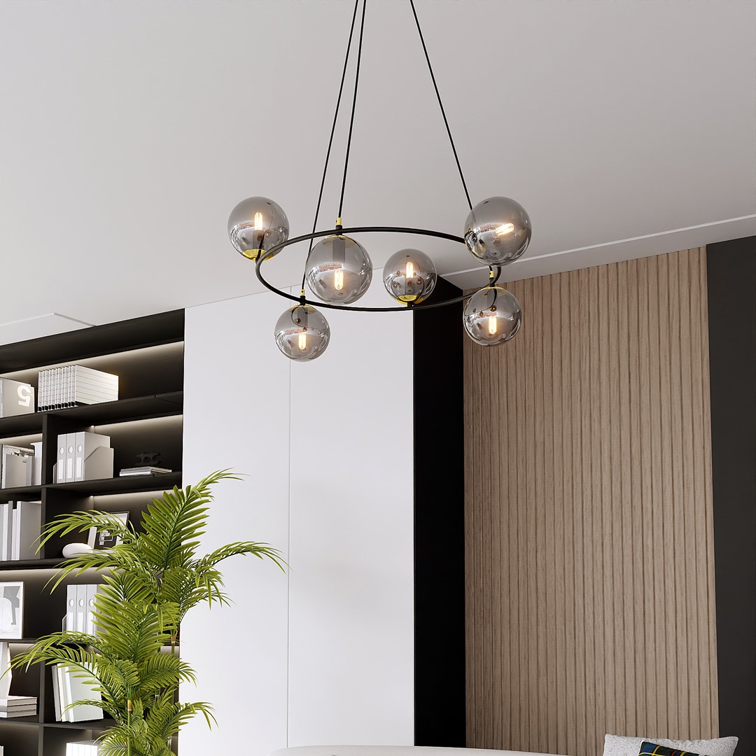 Azura Ø75 Couleur fumée suspension De Emibig Lighting - La suspension Azura est fabriquée en acier noir et est complétée par des abat-jour en graphite.