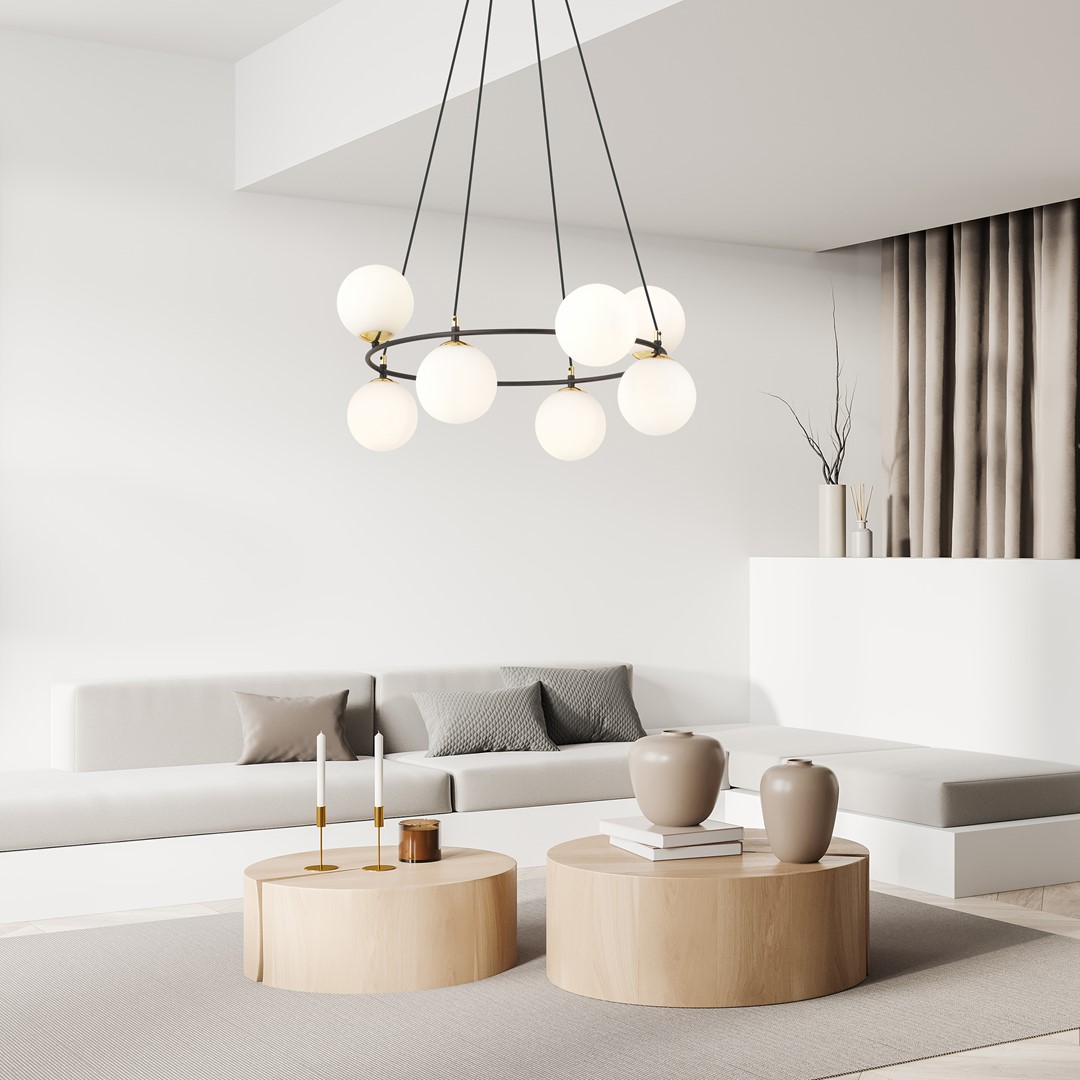 Azura Ø75 Blanc De Emibig Lighting - La forme ronde de la lampe avec des abat-jour dispos&eacute;s de mani&egrave;re asym&eacute;trique conf&egrave;re &agrave; la pi&egrave;ce une atmosph&egrave;re unique et souligne son caract&egrave;re moderne et &eacute;l&eacute;gant.