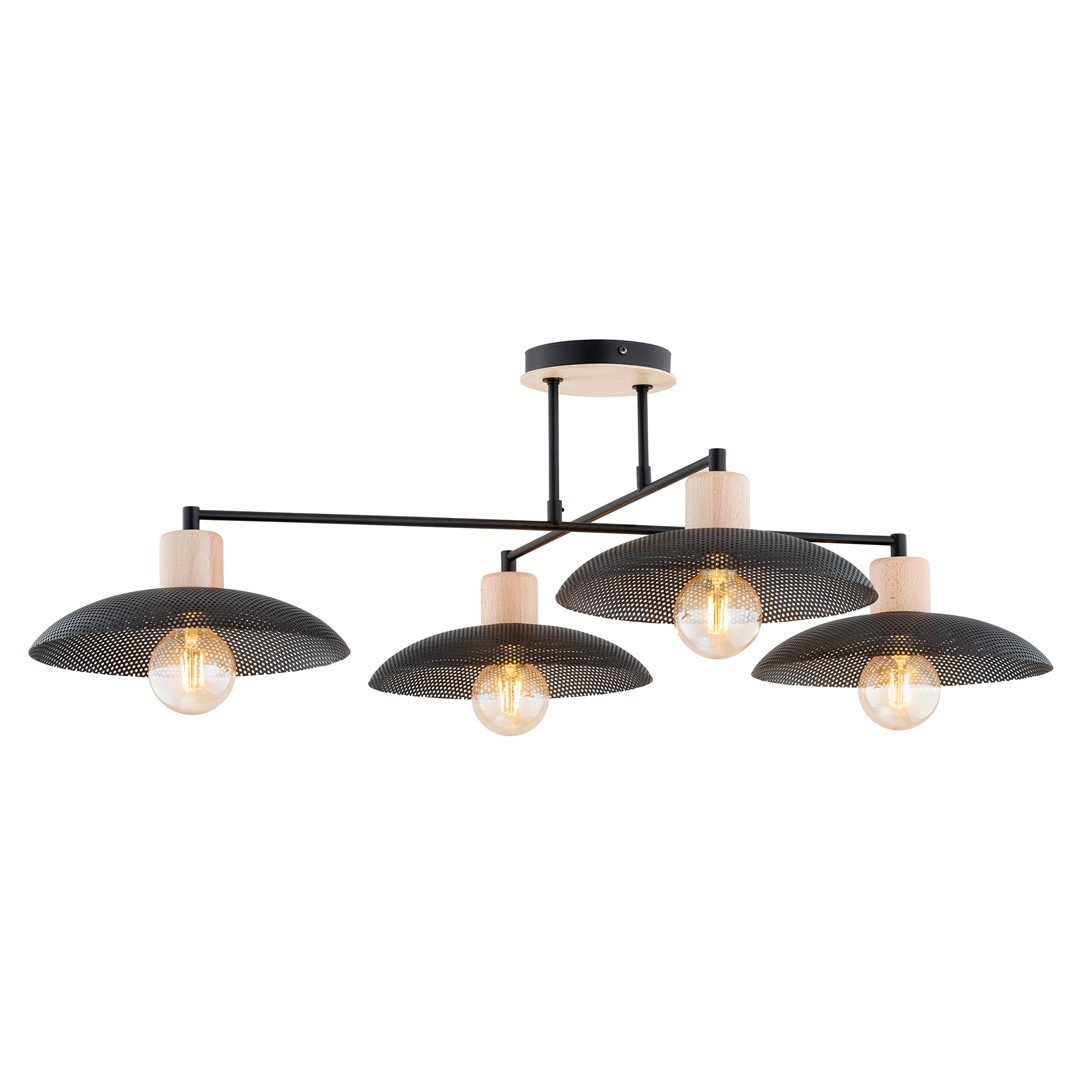 Kobe 100cm Noir plafonnier De Emibig Lighting - Une suspension industrielle avec un boîtier en métal est combinée avec des éléments en bois pour créer un éclairage unique qui ajoute du caractère à n'importe quelle pièce.