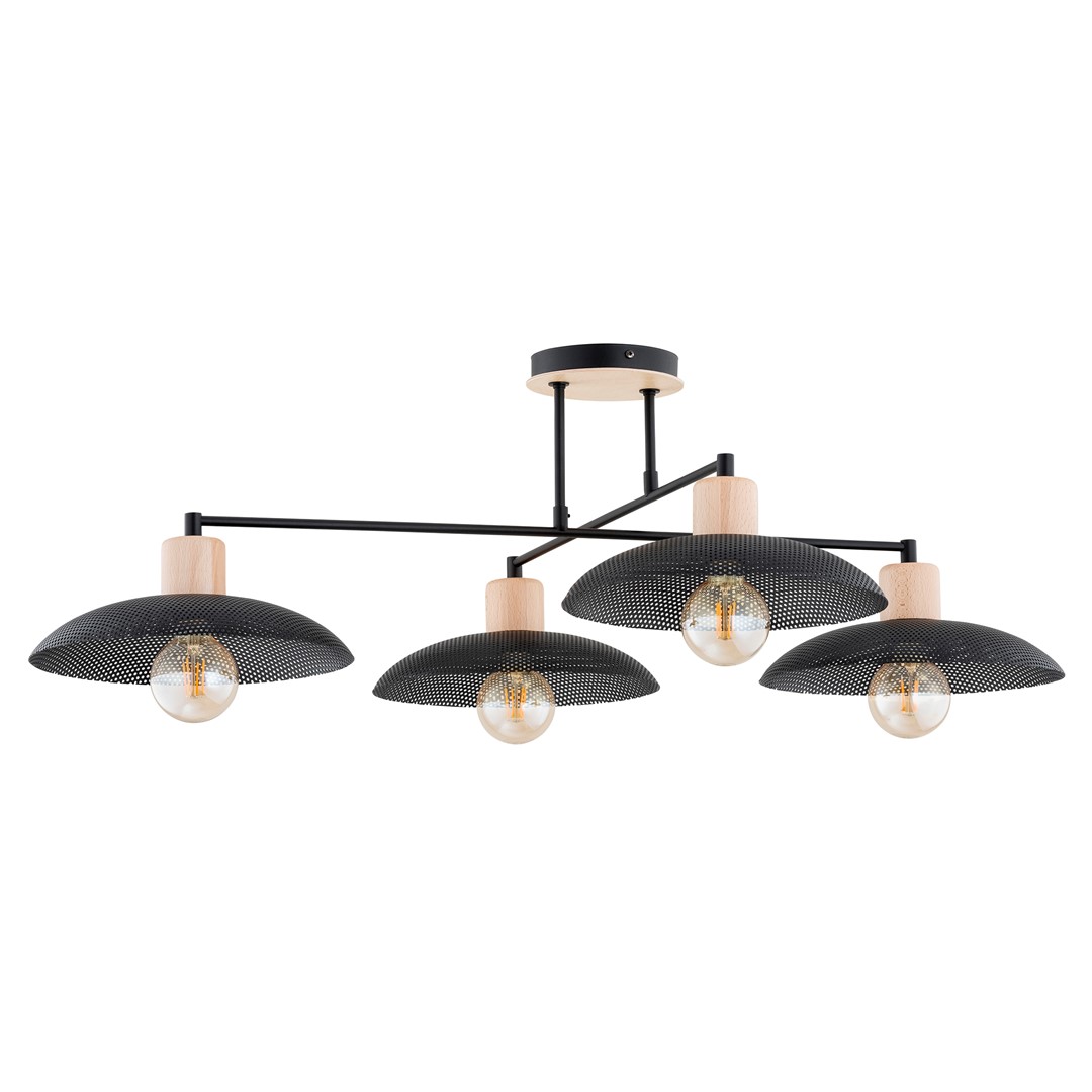 Kobe 100cm Noir plafonnier De Emibig Lighting - Une suspension industrielle avec un boîtier en métal est combinée avec des éléments en bois pour créer un éclairage unique qui ajoute du caractère à n'importe quelle pièce.