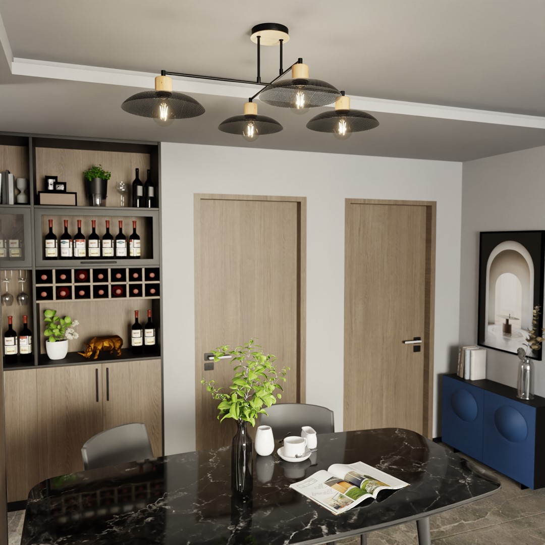 Kobe 100cm Noir plafonnier De Emibig Lighting - Une suspension industrielle avec un boîtier en métal est combinée avec des éléments en bois pour créer un éclairage unique qui ajoute du caractère à n'importe quelle pièce.