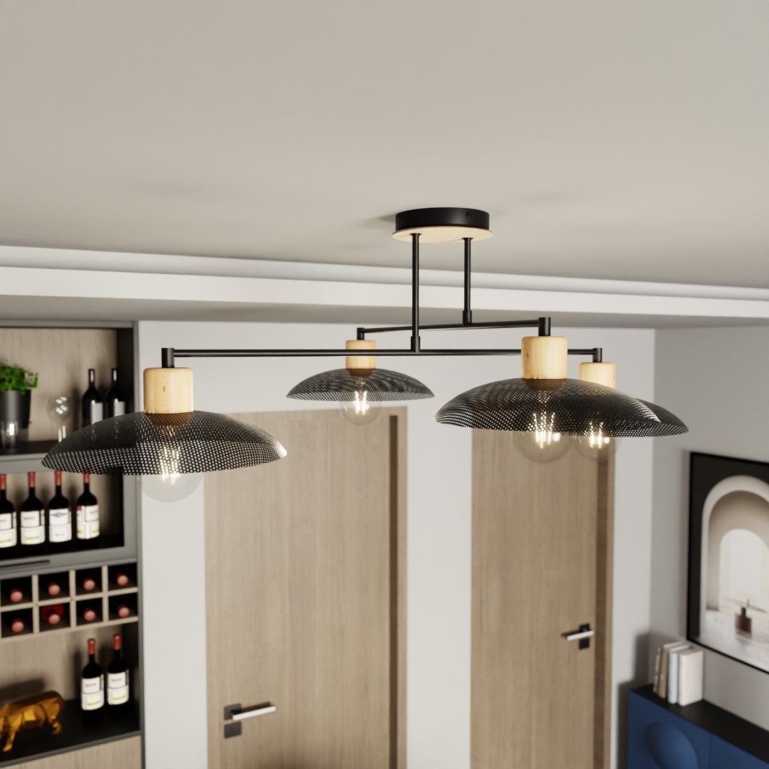 Kobe 100cm Noir plafonnier De Emibig Lighting - Une suspension industrielle avec un boîtier en métal est combinée avec des éléments en bois pour créer un éclairage unique qui ajoute du caractère à n'importe quelle pièce.