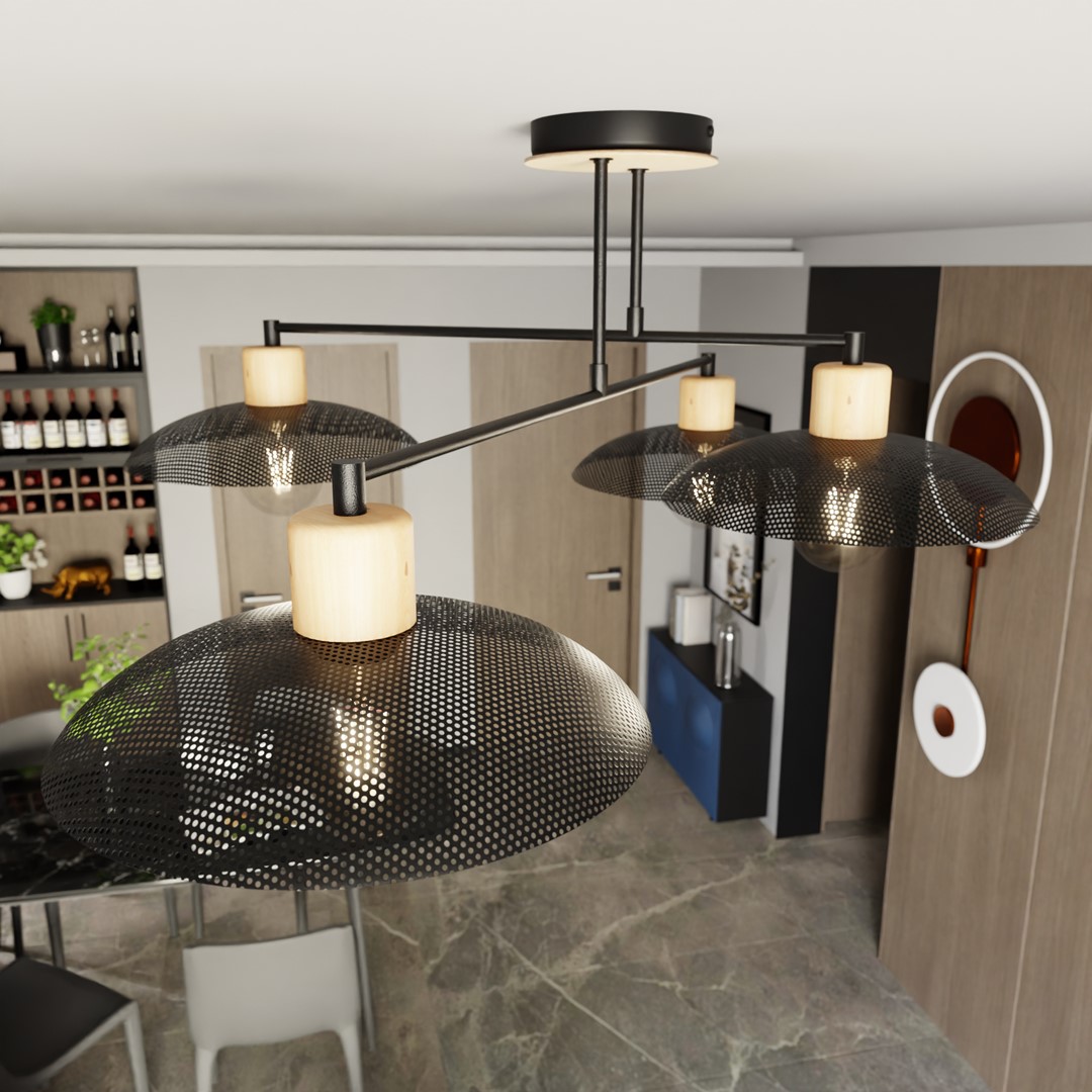 Kobe 100cm Noir plafonnier De Emibig Lighting - Une suspension industrielle avec un boîtier en métal est combinée avec des éléments en bois pour créer un éclairage unique qui ajoute du caractère à n'importe quelle pièce.