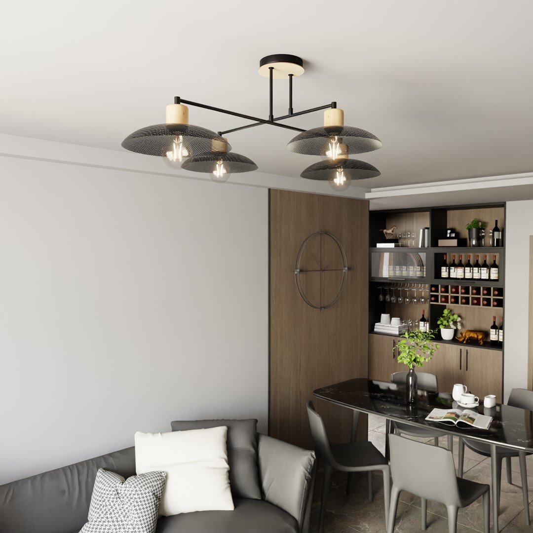 Kobe 100cm Noir plafonnier De Emibig Lighting - Une suspension industrielle avec un boîtier en métal est combinée avec des éléments en bois pour créer un éclairage unique qui ajoute du caractère à n'importe quelle pièce.