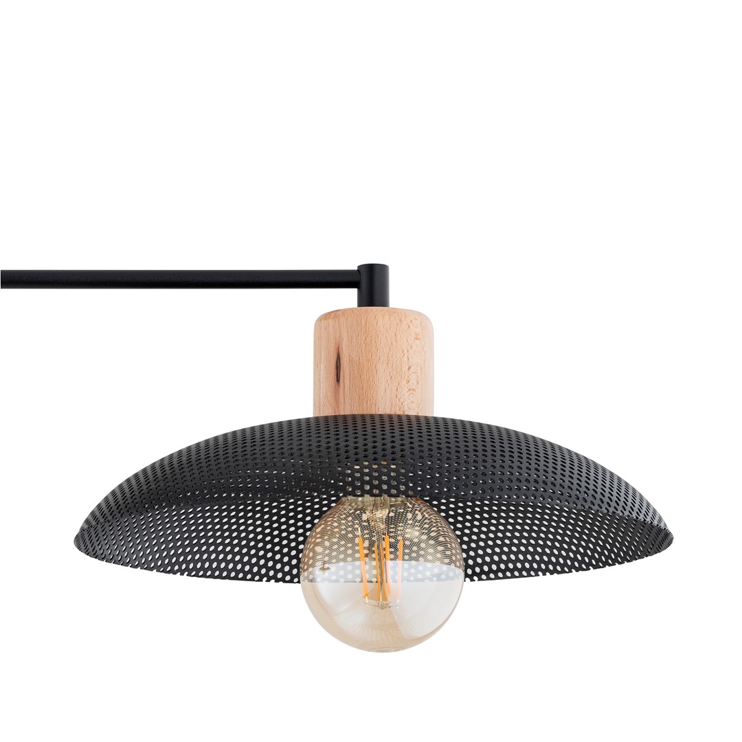 Kobe 100cm Noir plafonnier De Emibig Lighting - Une suspension industrielle avec un boîtier en métal est combinée avec des éléments en bois pour créer un éclairage unique qui ajoute du caractère à n'importe quelle pièce.