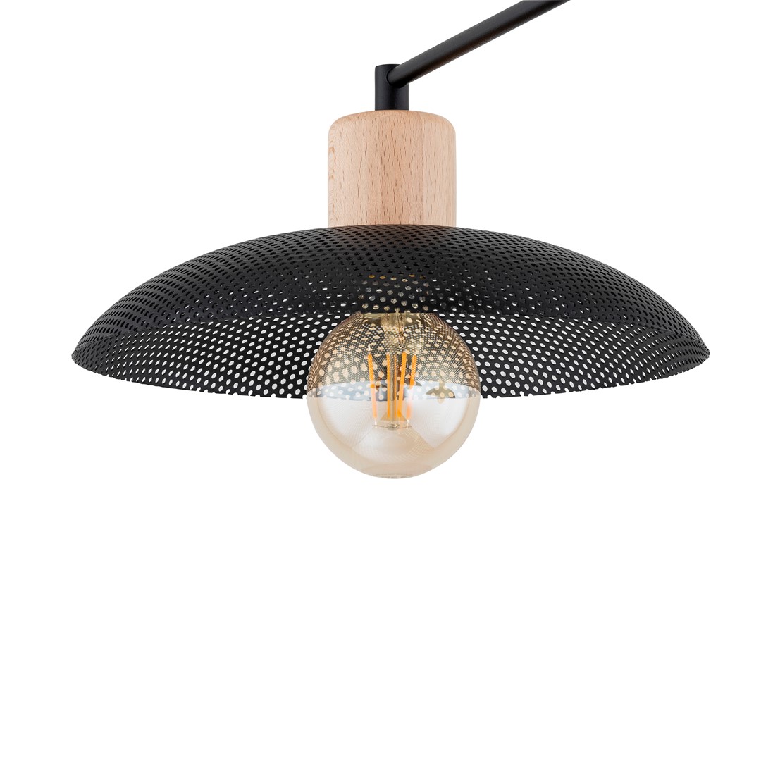Kobe 100cm Noir plafonnier De Emibig Lighting - Une suspension industrielle avec un boîtier en métal est combinée avec des éléments en bois pour créer un éclairage unique qui ajoute du caractère à n'importe quelle pièce.