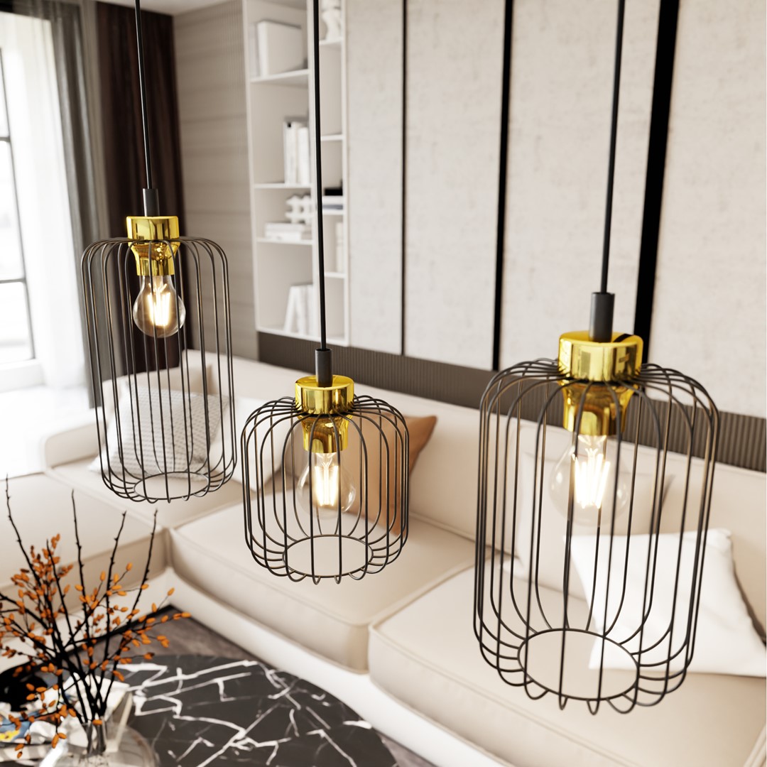 Vander 60cm Noir/Or suspension De Emibig Lighting - Vander est une suspension unique en acier de haute qualit&eacute; avec de beaux abat-jour aux d&eacute;tails dor&eacute;s qui cr&eacute;ent un beau jeu de lumi&egrave;re dans la pi&egrave;ce lorsque la lampe est allum&eacute;e.