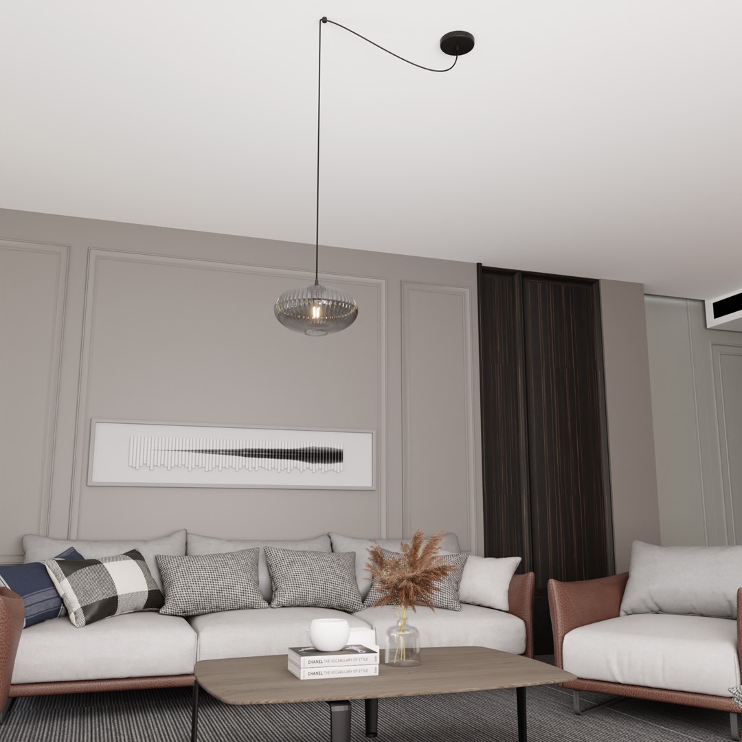 Origo Ø30 Couleur fumée suspension De Emibig Lighting - Le c&acirc;ble courb&eacute;, associ&eacute; &agrave; l'abat-jour en verre fum&eacute;, forme un ensemble harmonieux qui conf&egrave;re &agrave; la pi&egrave;ce une atmosph&egrave;re chaleureuse et accueillante.
