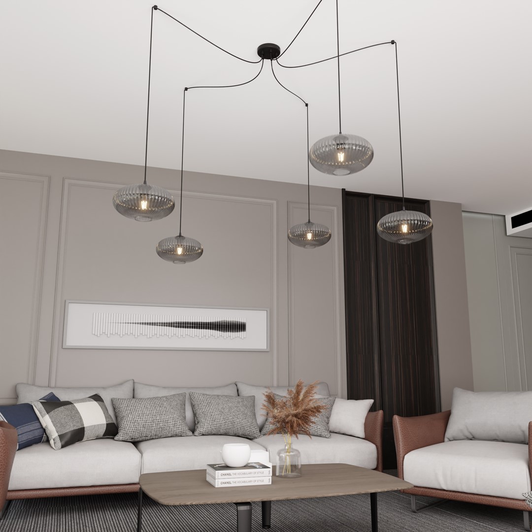 Origo 5xØ30 Couleur fumée suspension De Emibig Lighting - Origo s'int&egrave;gre parfaitement dans des environnements tels que les salons ou les restaurants et constitue une combinaison id&eacute;ale d'esth&eacute;tique et de qualit&eacute;.