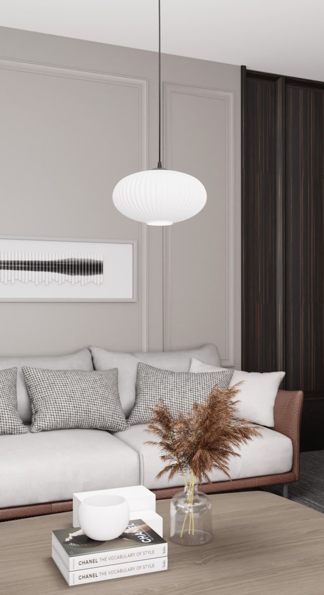 Coco Ø30 Blanc suspension De Emibig Lighting - L'&eacute;l&eacute;gant abat-jour en verre opale &eacute;met une lumi&egrave;re non &eacute;blouissante qui donne &agrave; la pi&egrave;ce une atmosph&egrave;re l&eacute;g&egrave;re et douce.