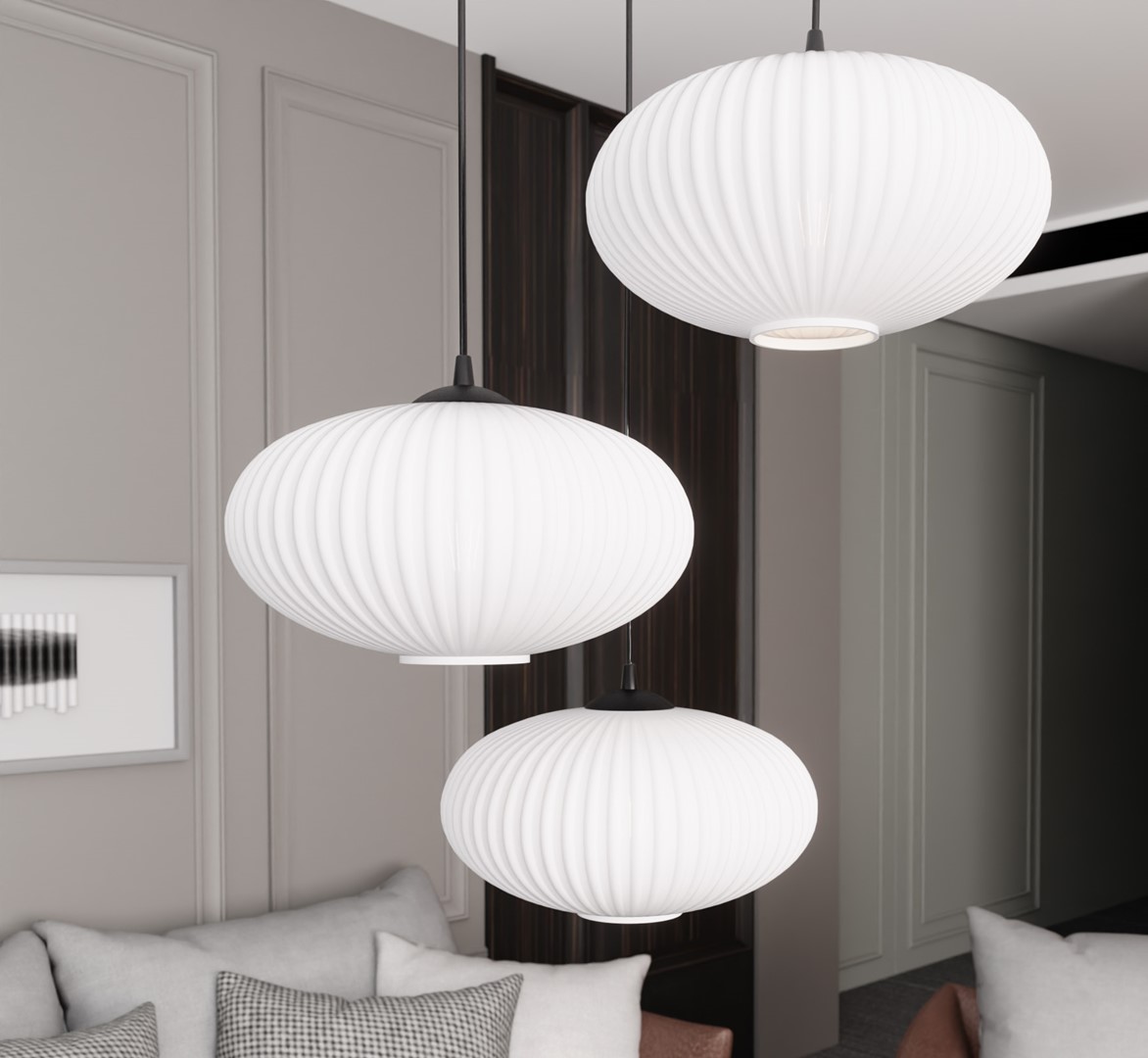 Coco Ø53 Blanc suspension De Emibig Lighting - Les &eacute;l&eacute;gants d&ocirc;mes en verre opale &eacute;mettent une lumi&egrave;re non &eacute;blouissante qui conf&egrave;re &agrave; la pi&egrave;ce une atmosph&egrave;re l&eacute;g&egrave;re et douce.