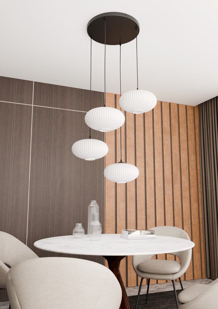 Coco Ø70 Blanc suspension De Emibig Lighting - Les &eacute;l&eacute;gants d&ocirc;mes en verre opale &eacute;mettent une lumi&egrave;re non &eacute;blouissante qui conf&egrave;re &agrave; la pi&egrave;ce une atmosph&egrave;re l&eacute;g&egrave;re et douce.