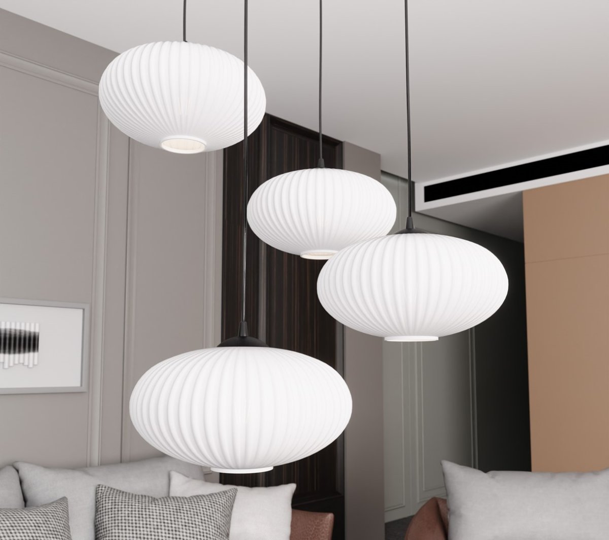 Coco Ø70 Blanc suspension De Emibig Lighting - Les &eacute;l&eacute;gants d&ocirc;mes en verre opale &eacute;mettent une lumi&egrave;re non &eacute;blouissante qui conf&egrave;re &agrave; la pi&egrave;ce une atmosph&egrave;re l&eacute;g&egrave;re et douce.