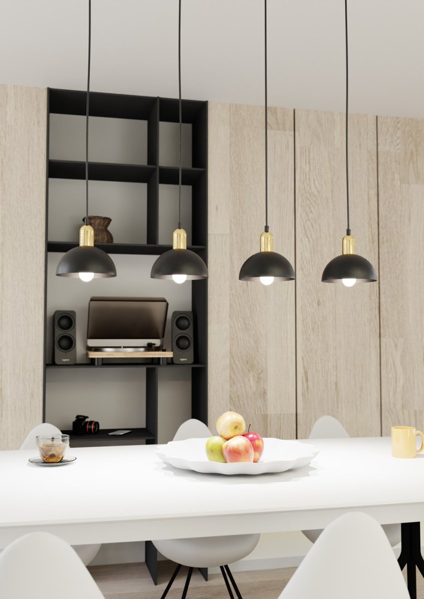 Moto 90cm Noir suspension De Emibig Lighting - Les abat-jour en m&eacute;tal brut conf&egrave;rent &agrave; la lampe un caract&egrave;re distinctif, tandis que les d&eacute;tails de couleur dor&eacute;e ajoutent &agrave; la fois chaleur et &eacute;l&eacute;gance subtile.