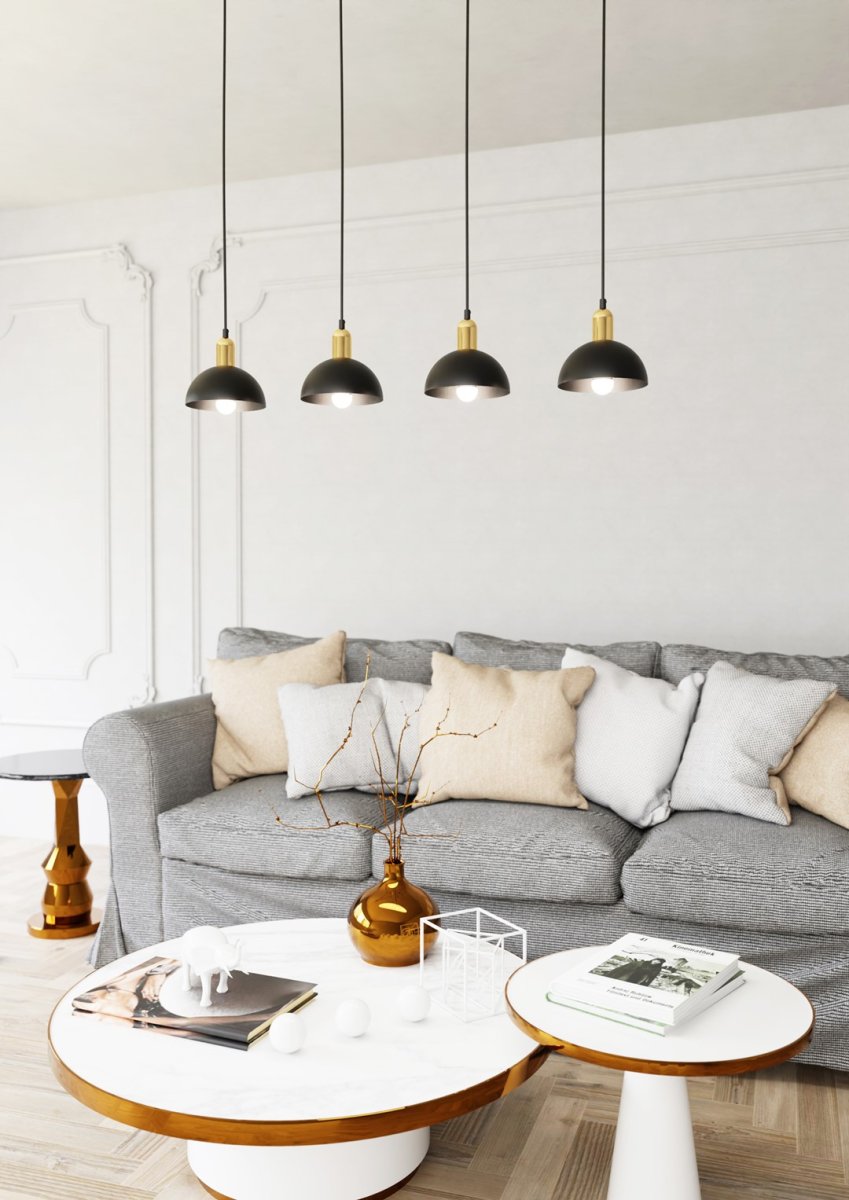 Moto 90cm Noir suspension De Emibig Lighting - Les abat-jour en m&eacute;tal brut conf&egrave;rent &agrave; la lampe un caract&egrave;re distinctif, tandis que les d&eacute;tails de couleur dor&eacute;e ajoutent &agrave; la fois chaleur et &eacute;l&eacute;gance subtile.