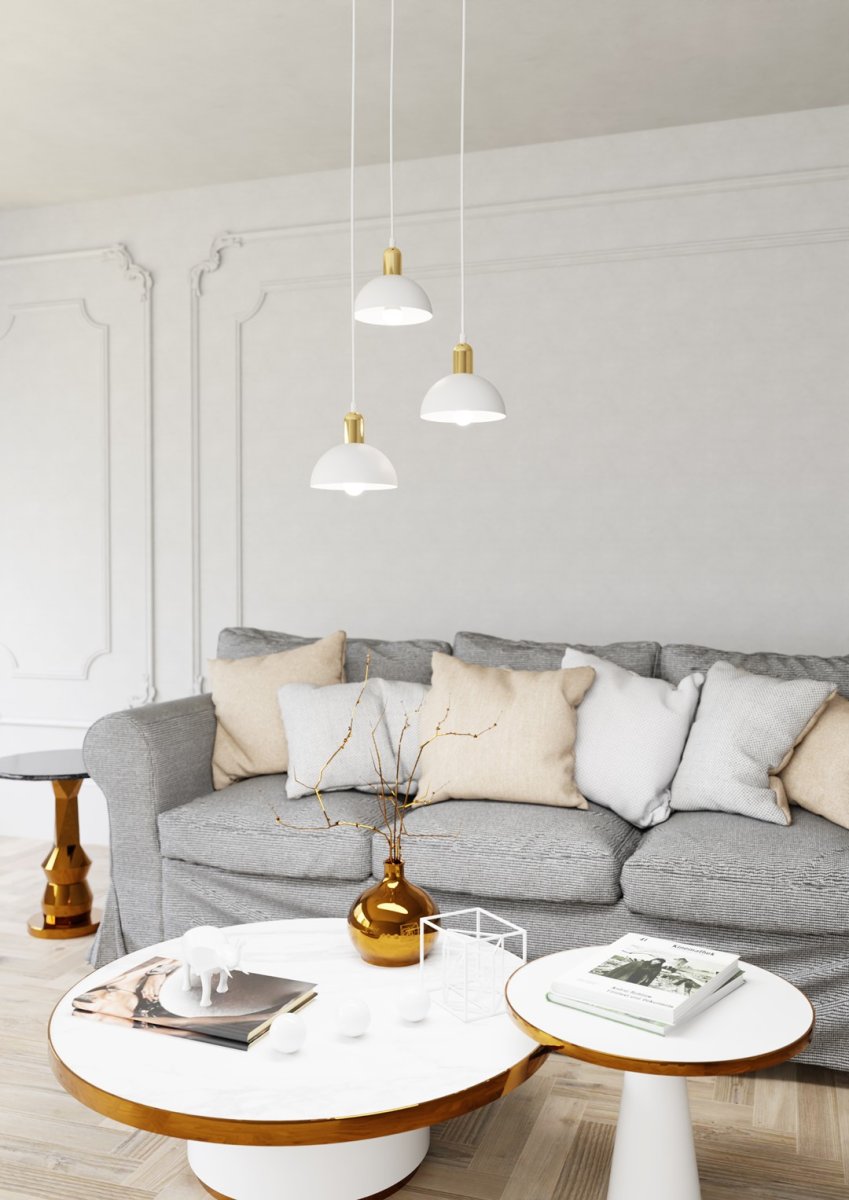 Moto Ø30 Blanc suspension De Emibig Lighting - Les abat-jour en m&eacute;tal brut conf&egrave;rent &agrave; la lampe un caract&egrave;re distinctif, tandis que les d&eacute;tails de couleur dor&eacute;e ajoutent &agrave; la fois chaleur et &eacute;l&eacute;gance subtile.