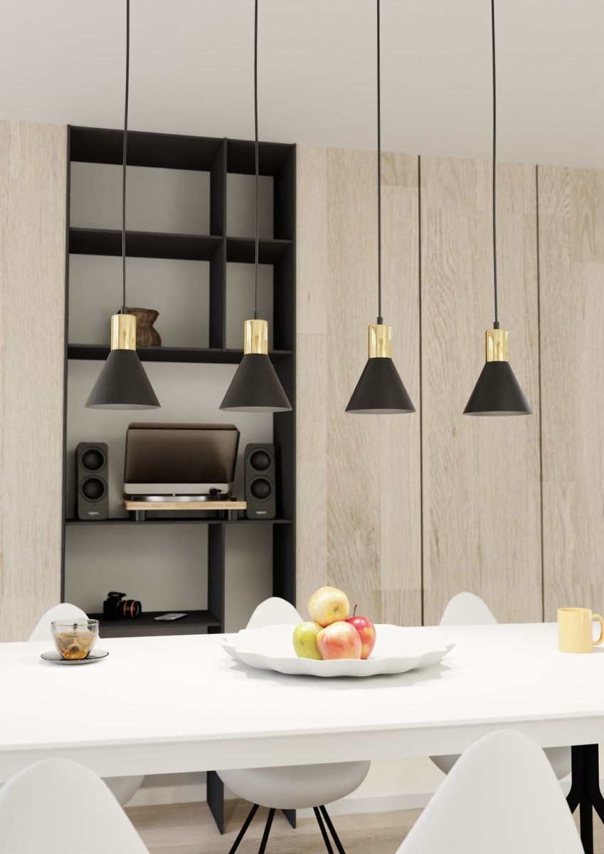 Rosa 90cm Noir suspension De Emibig Lighting - Parfait pour les salons, les salles &agrave; manger ou les cuisines, le rose cr&eacute;e une atmosph&egrave;re unique dans la pi&egrave;ce en combinant la rugosit&eacute; du m&eacute;tal avec l'&eacute;l&eacute;gance subtile d'un accent dor&eacute;.