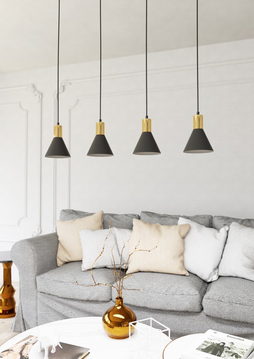Rosa 90cm Noir suspension De Emibig Lighting - Parfait pour les salons, les salles &agrave; manger ou les cuisines, le rose cr&eacute;e une atmosph&egrave;re unique dans la pi&egrave;ce en combinant la rugosit&eacute; du m&eacute;tal avec l'&eacute;l&eacute;gance subtile d'un accent dor&eacute;.