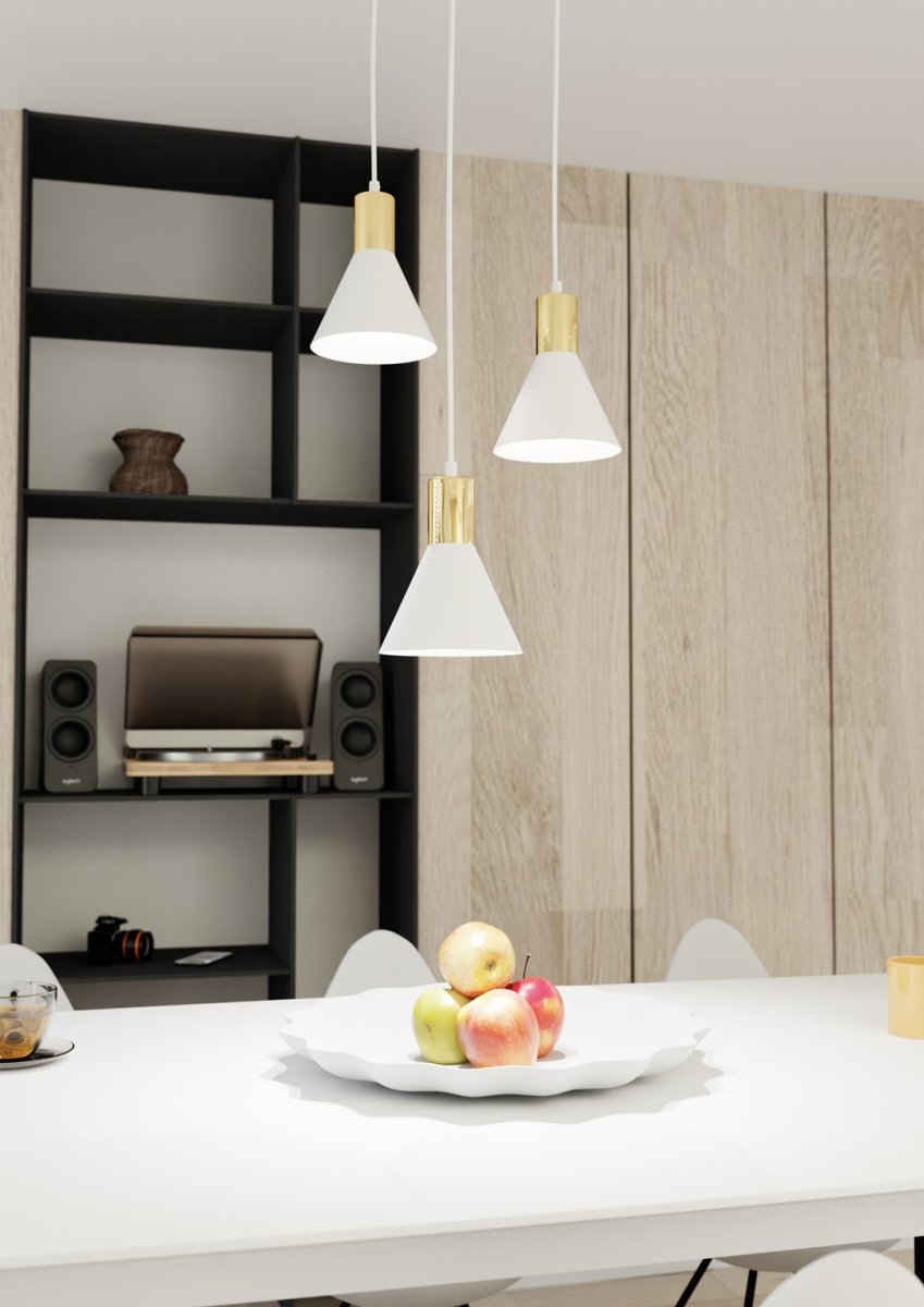 Rosa Ø30 Blanc suspension De Emibig Lighting - Parfait pour les salons, les salles &agrave; manger ou les cuisines, le rose cr&eacute;e une atmosph&egrave;re unique dans la pi&egrave;ce en combinant la rugosit&eacute; du m&eacute;tal avec l'&eacute;l&eacute;gance subtile d'un accent dor&eacute;.