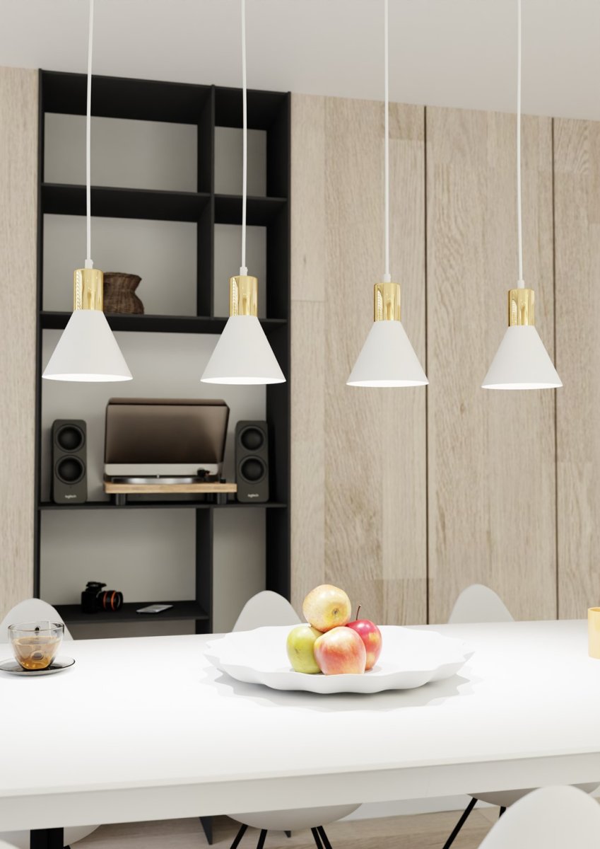 Rosa 90cm Blanc suspension De Emibig Lighting - Parfait pour les salons, les salles &agrave; manger ou les cuisines, le rose cr&eacute;e une atmosph&egrave;re unique dans la pi&egrave;ce en combinant la rugosit&eacute; du m&eacute;tal avec l'&eacute;l&eacute;gance subtile d'un accent dor&eacute;.