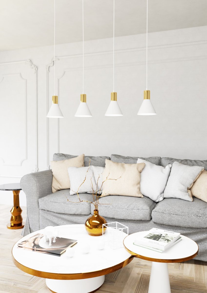 Rosa 90cm Blanc suspension De Emibig Lighting - Parfait pour les salons, les salles &agrave; manger ou les cuisines, le rose cr&eacute;e une atmosph&egrave;re unique dans la pi&egrave;ce en combinant la rugosit&eacute; du m&eacute;tal avec l'&eacute;l&eacute;gance subtile d'un accent dor&eacute;.