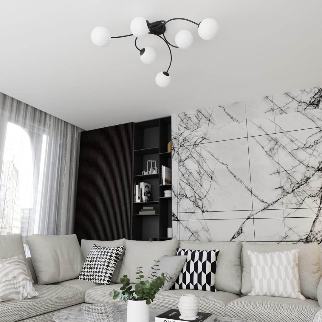 Vibra 97cm Blanc plafonnier De Emibig Lighting - Les d&ocirc;mes en verre opale &eacute;mettent une lumi&egrave;re douce et diffuse qui conf&egrave;re &agrave; la pi&egrave;ce l&eacute;g&egrave;ret&eacute; et une touche moderne.