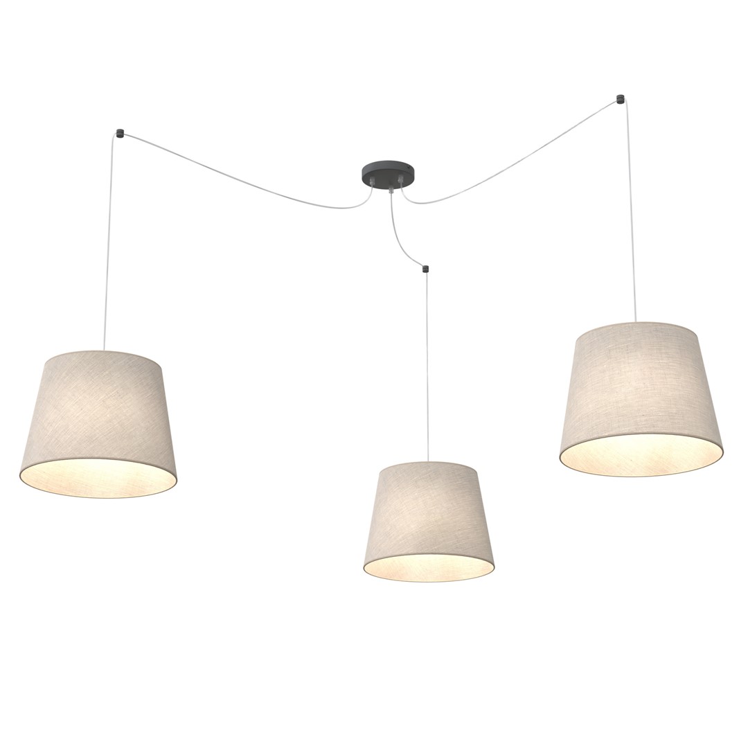 Ascot 3xØ38 Beige suspension De Emibig Lighting - Les abat-jour recouverts de tissu aux couleurs douces et att&eacute;nu&eacute;es &eacute;mettent une lumi&egrave;re agr&eacute;able et diffuse qui cr&eacute;e une atmosph&egrave;re chaleureuse dans la pi&egrave;ce.
