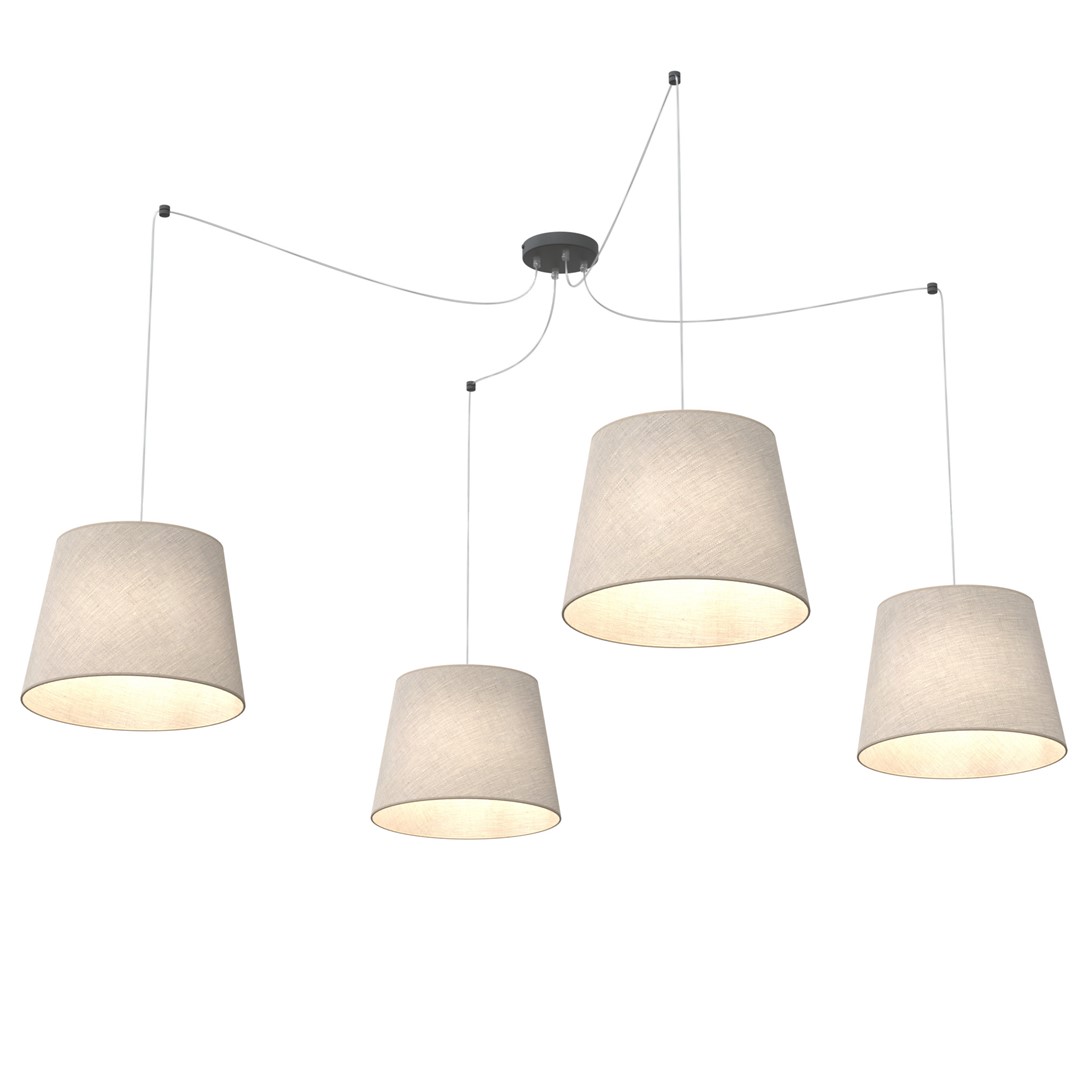 Ascot 4xØ38 Beige suspension De Emibig Lighting - Les abat-jour recouverts de tissu aux couleurs douces et att&eacute;nu&eacute;es &eacute;mettent une lumi&egrave;re agr&eacute;able et diffuse qui cr&eacute;e une atmosph&egrave;re chaleureuse dans la pi&egrave;ce.