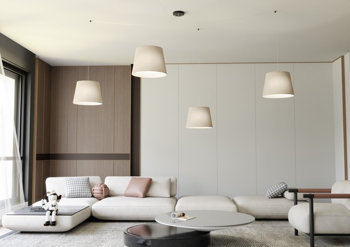 Ascot 4xØ38 Beige suspension De Emibig Lighting - Les abat-jour recouverts de tissu aux couleurs douces et att&eacute;nu&eacute;es &eacute;mettent une lumi&egrave;re agr&eacute;able et diffuse qui cr&eacute;e une atmosph&egrave;re chaleureuse dans la pi&egrave;ce.