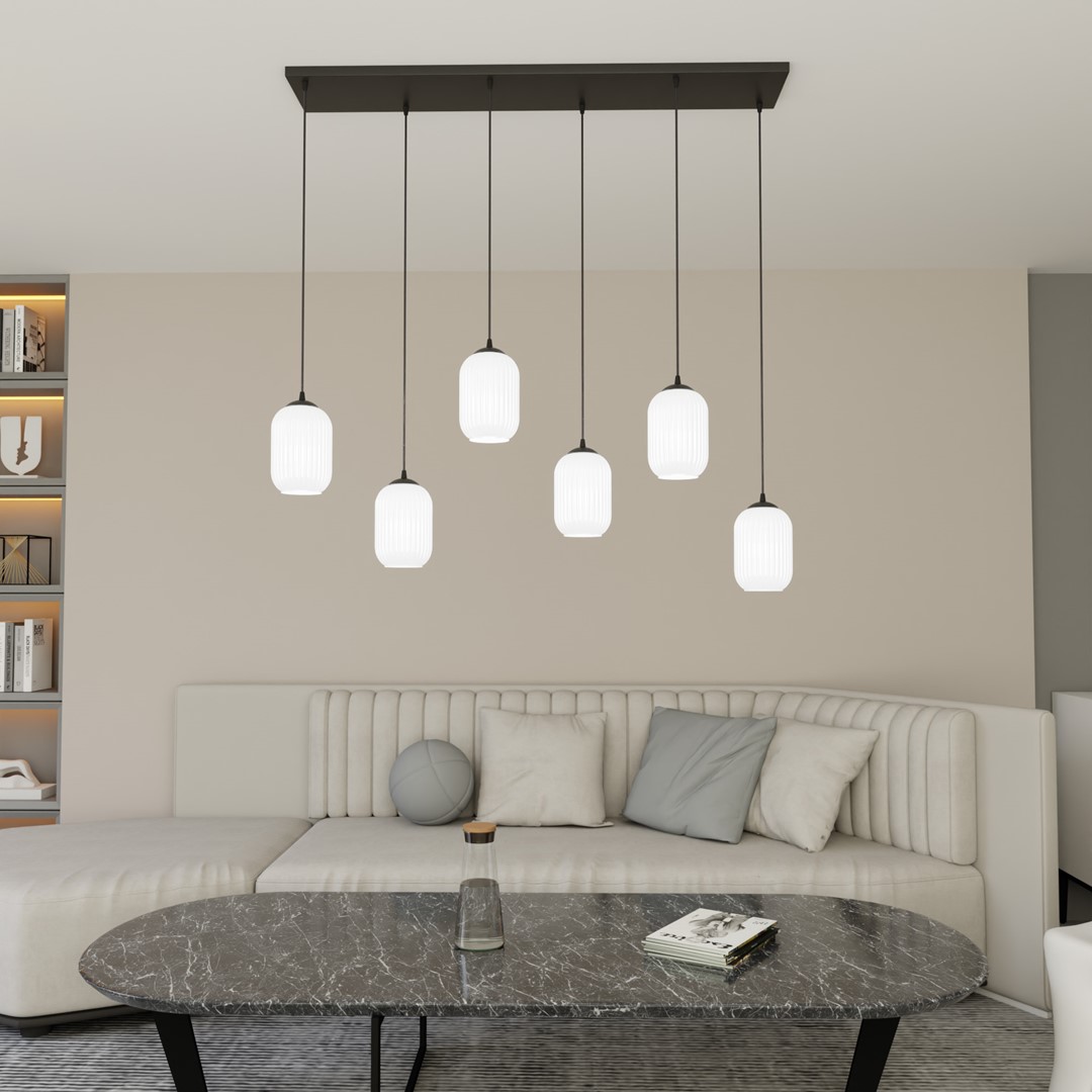 Verdi 115cm Blanc suspension De Emibig Lighting - Verdi s'int&egrave;gre parfaitement dans les int&eacute;rieurs modernes et &eacute;l&eacute;gants et diffuse une lumi&egrave;re douce et agr&eacute;able - id&eacute;ale pour les salons, les salles &agrave; manger ou les espaces publics.