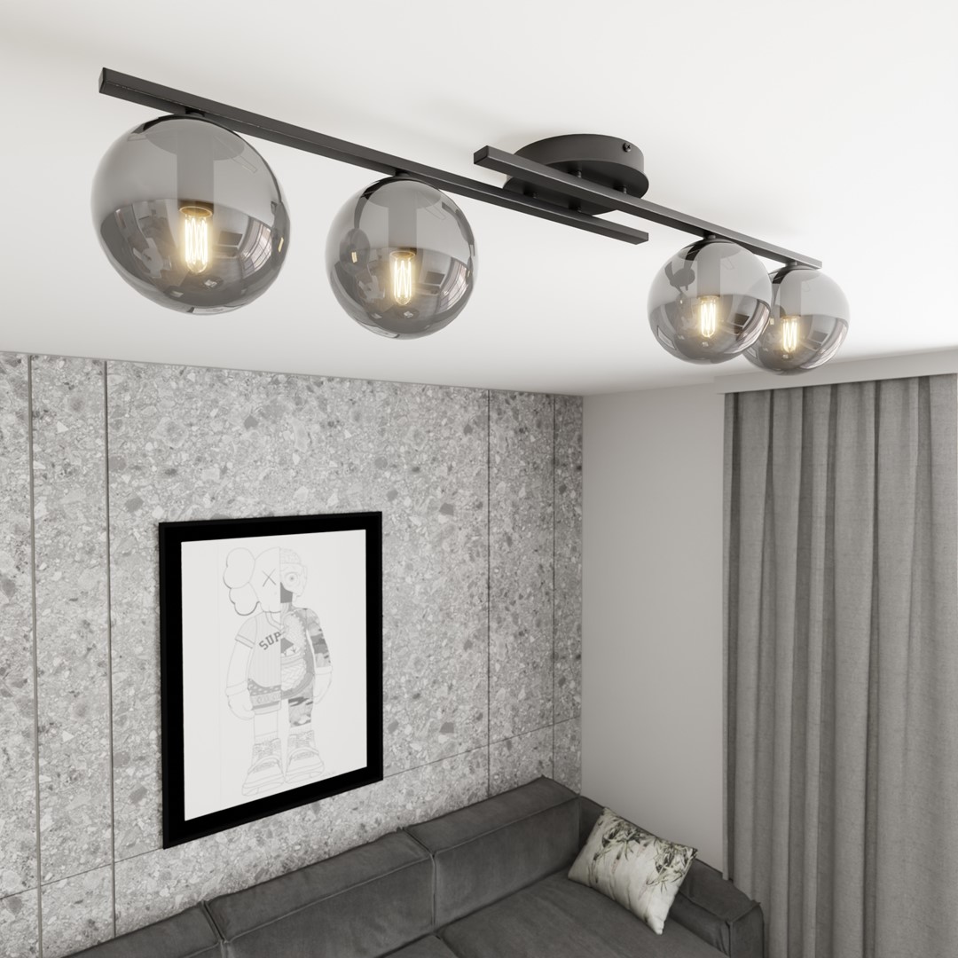Kairo 87cm Noir/Fumé plafonnier De Emibig Lighting - Un plafonnier moderne avec des d&ocirc;mes sph&eacute;riques de couleur fum&eacute;e sur un &eacute;l&eacute;gant cadre noir.