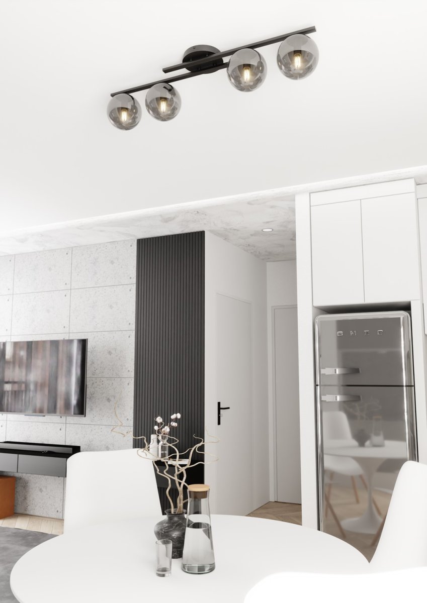 Kairo 87cm Noir/Fumé plafonnier De Emibig Lighting - Un plafonnier moderne avec des d&ocirc;mes sph&eacute;riques de couleur fum&eacute;e sur un &eacute;l&eacute;gant cadre noir.