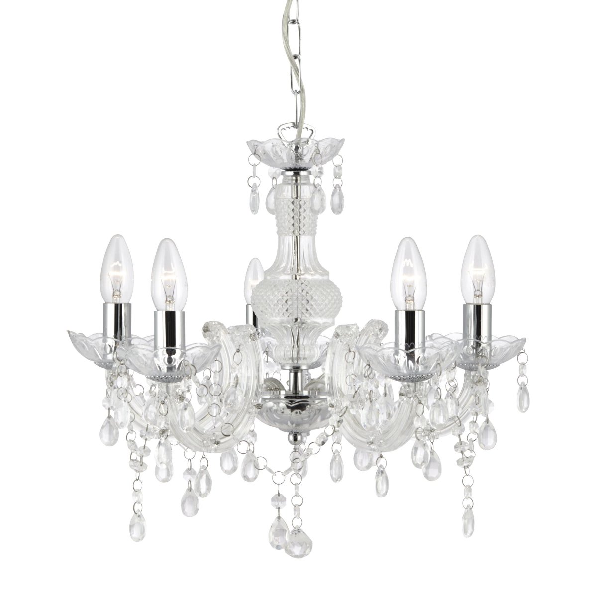 Marie Therese Ø48 Clair suspension De Searchlight - Le design traditionnel avec une touche moderne est luxueusement orn&eacute; de gouttes transparentes assorties en forme de poire, de bras incurv&eacute;s et de d&eacute;tails en acrylique qui cr&eacute;ent un point focal glamour dans n'importe quel int&eacute;rieur.