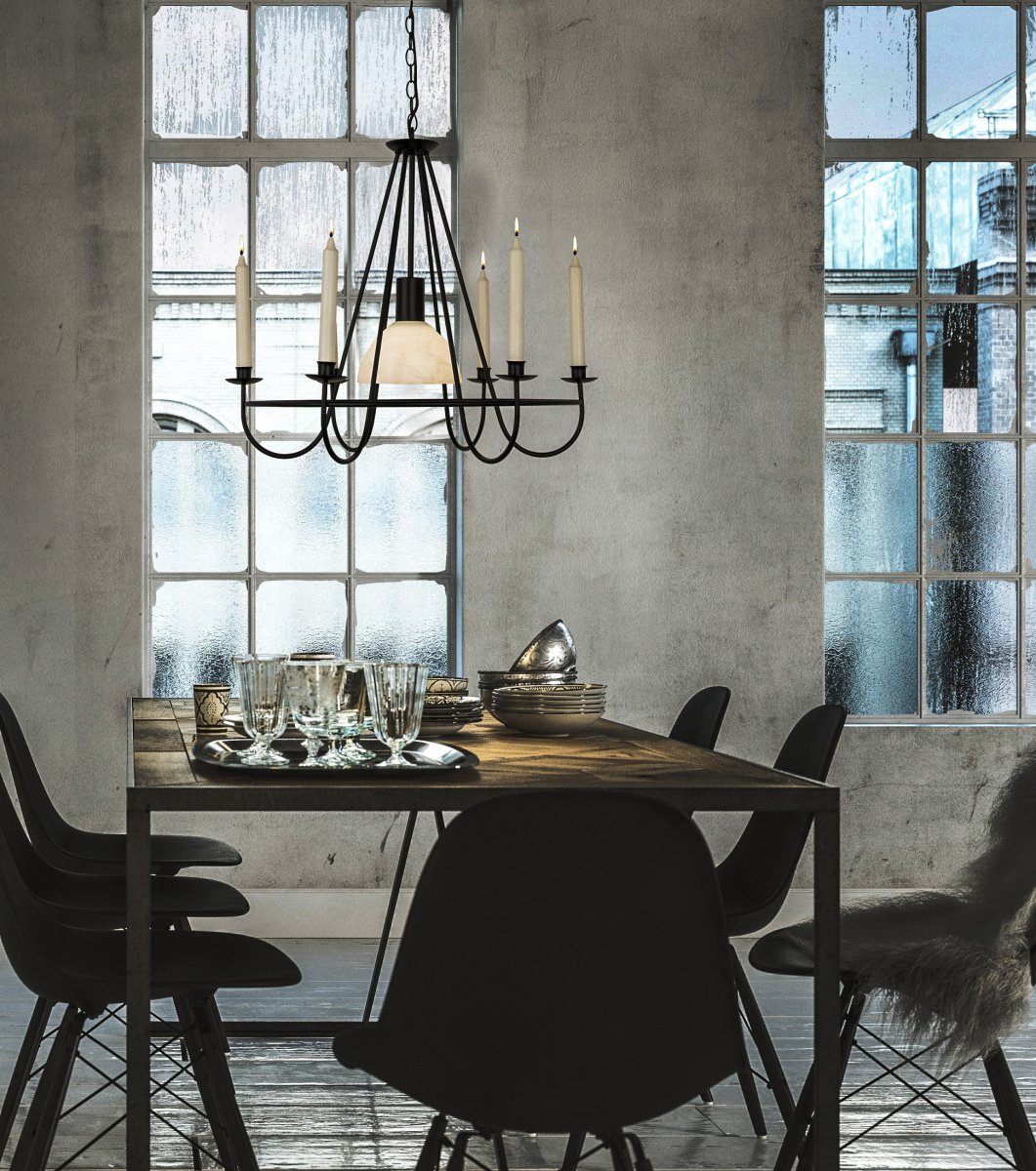 Kronoberg Ø60 Noir suspension De Aneta Lighting - Il se suspend à l'aide d'une chaîne et d'une rosace de plafond en métal noir.