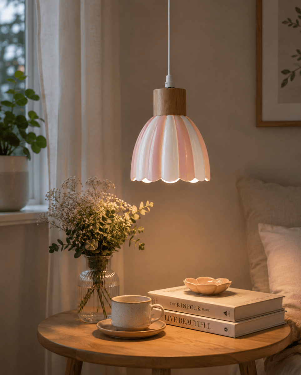 Poppy Ø15 Rose/blanc lampe de fenêtre De Pixie Design - Poppy est une charmante lampe de fen&ecirc;tre en c&eacute;ramique aux formes douces et arrondies, orn&eacute;e de d&eacute;tails en bois qui lui conf&egrave;rent une touche naturelle.