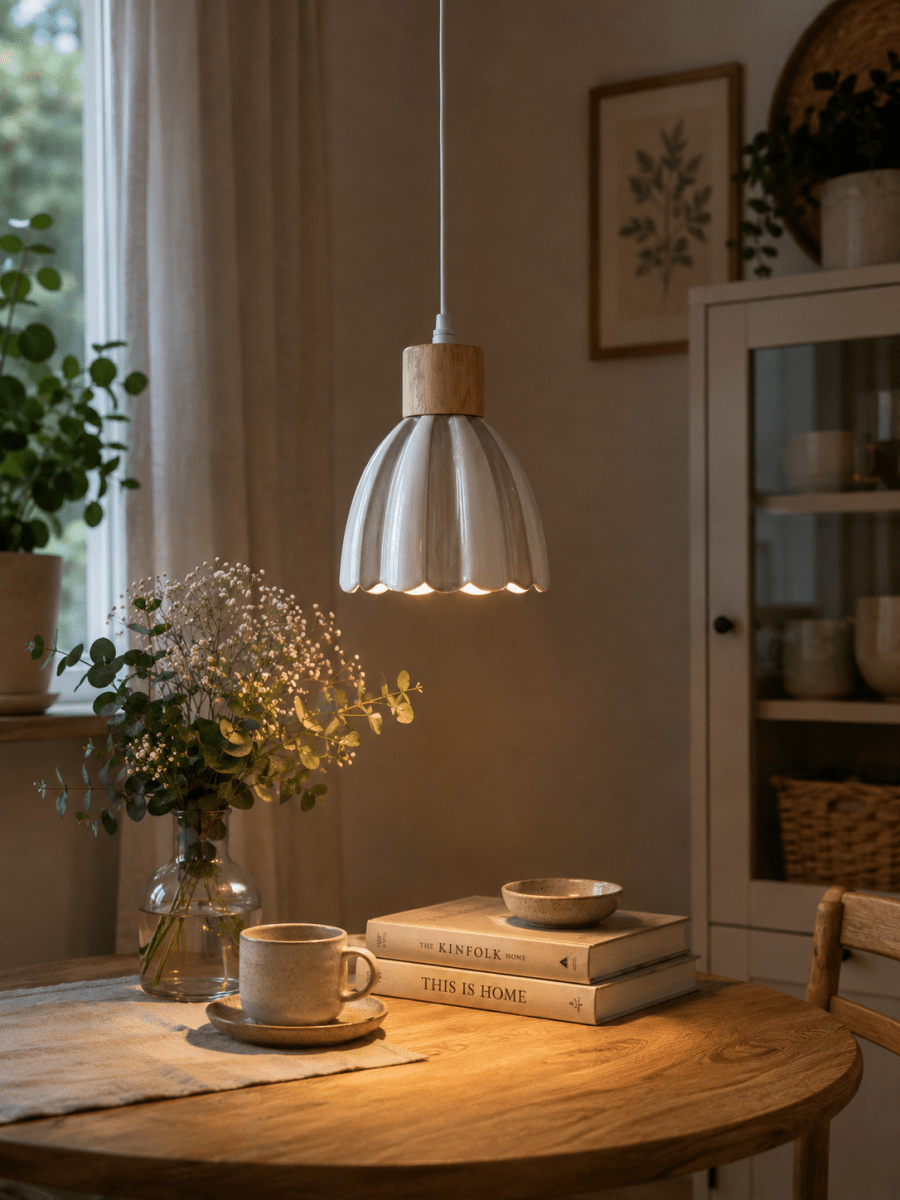 Poppy Ø15 Blanc/beige lampe de fenêtre De Pixie Design - Poppy est une charmante lampe de fen&ecirc;tre en c&eacute;ramique aux formes douces et arrondies, orn&eacute;e de d&eacute;tails en bois qui lui conf&egrave;rent une touche naturelle.
