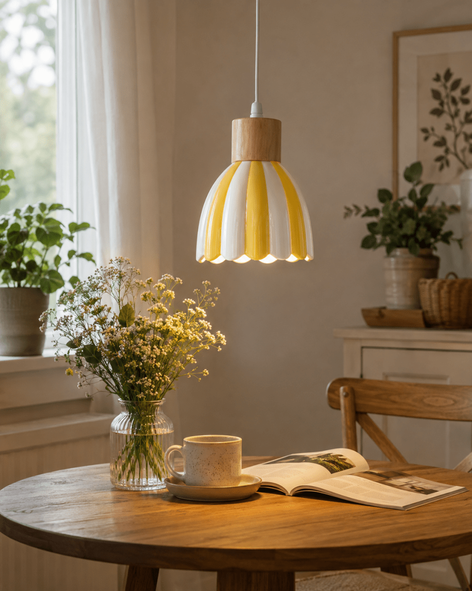 Poppy Ø15 Jaune/blanc lampe de fenêtre De Pixie Design - Poppy est une charmante lampe de fen&ecirc;tre en c&eacute;ramique aux formes douces et arrondies, orn&eacute;e de d&eacute;tails en bois qui lui conf&egrave;rent une touche naturelle.